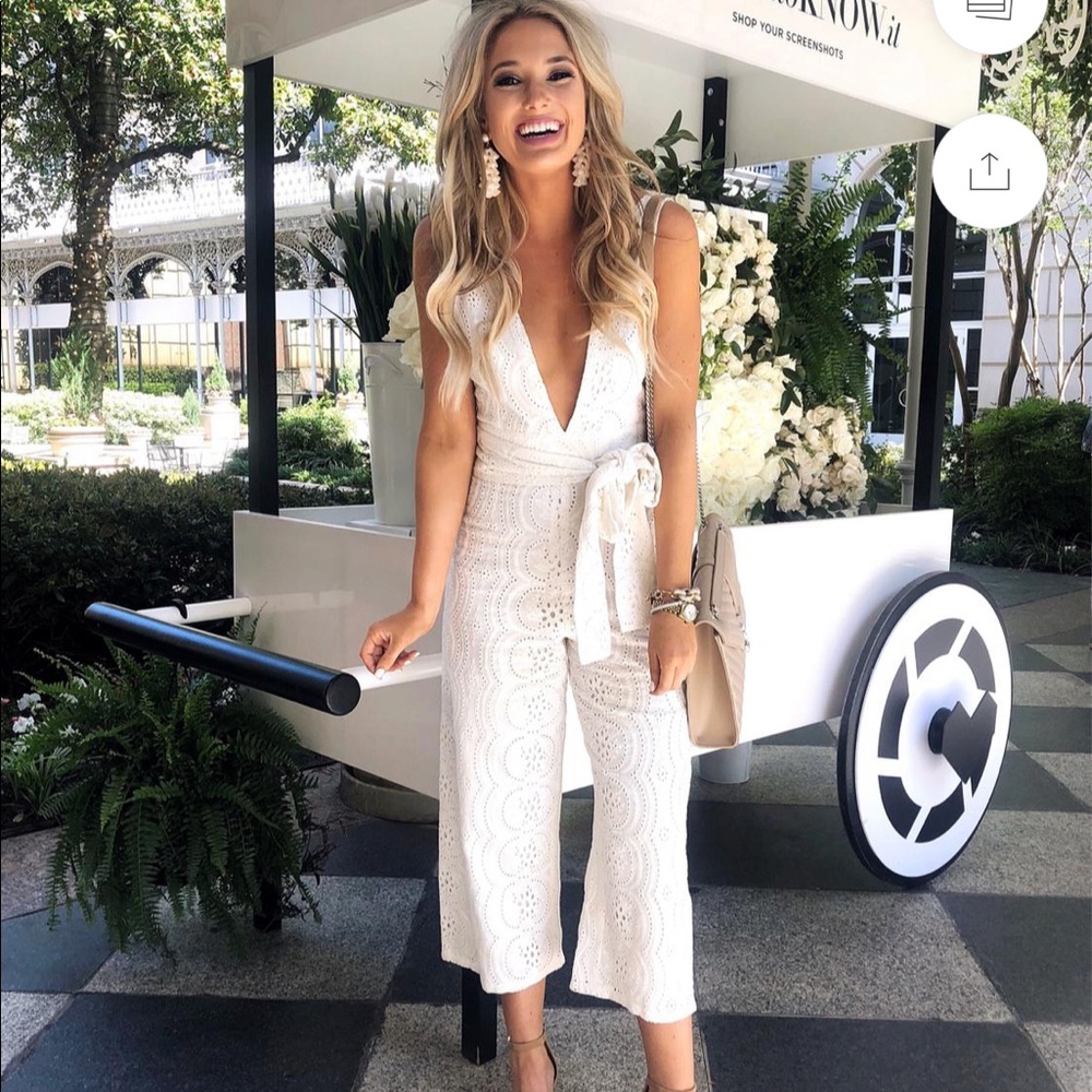 Lovers + Friends White Eyelet Crochet V-Neck Jumpsuit